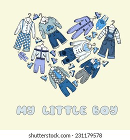 Stylized heart with hand drawn clothes for little boys. Vector for use in design