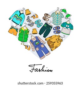 Stylized heart with hand drawn clothes for little boys on white background. Vector for use in design