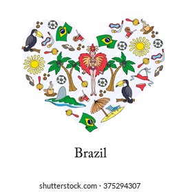 Stylized heart with hand drawn colored symbols of Brazil. Illustration on the theme of travel and tourism. Vector for use in design