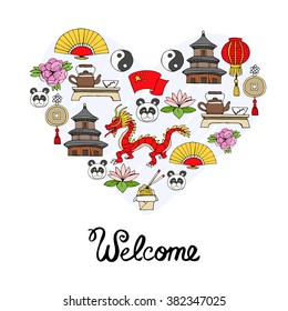 Stylized heart with hand drawn colored symbols of China. Illustration on the theme of travel and tourism. Vector for use in design