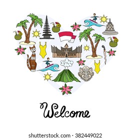 Stylized heart with hand drawn colored symbols of Indonesia. Illustration on the theme of travel and tourism. Vector for use in design