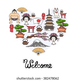 Stylized heart with hand drawn colored symbols of Japan. Illustration on the theme of travel and tourism. Vector for use in design