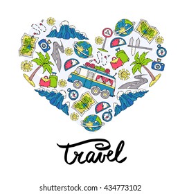 Stylized heart with hand drawn colored symbols of tourism and travel. Illustration with necessary things for car trip. Vector for use in design