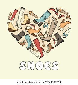 Stylized heart with hand drawn and fashionable shoes for women. Vector for use in design