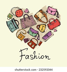 Stylized heart with hand drawn, fashionable handbags. Vector for use in design