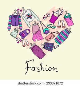 Stylized heart with hand drawn, fashionable skirts and blouses. Vector for use in design