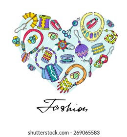 Stylized heart with hand drawn and fashionable jewelry for women on white background. Vector for use in design