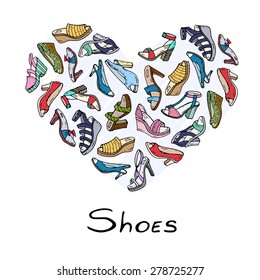 Stylized heart of hand drawn fashionable shoes for women on white background. Vector for use in design