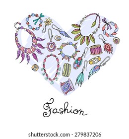 Stylized heart hand drawn fashionable jewelry white background  Vector for use in design