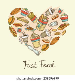 Stylized heart with hand drawn fast food. Vector for use in design