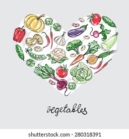 Stylized heart of hand drawn fresh vegetables with titles on white background. Vector for use in design