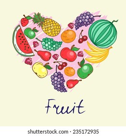 Stylized heart with hand drawn juicy fruit. Vector for use in design