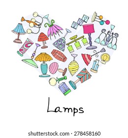 Stylized heart of hand drawn lamps and chandeliers on white background. Vector for use in design