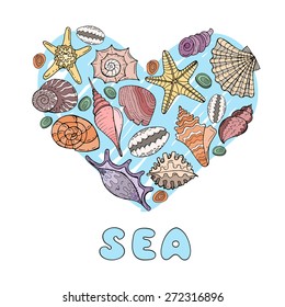 Stylized heart with hand drawn seashell on white background. Vector for use in design
