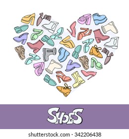 Stylized heart with hand drawn shoes. Illustration on the theme of fashion and beauty. Vector for use in design