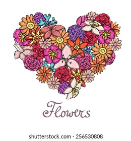 Stylized heart with hand drawn spring flowers on white background. Vector for use in design