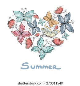 Stylized heart with hand drawn summer flowers and butterflies on white background. Vector for use in design