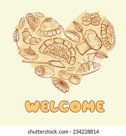 Stylized heart with hand drawn symbols of bakery. Vector for use in design