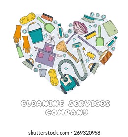 Stylized heart with hand drawn symbols of cleaning services company on white background. Vector for use in design