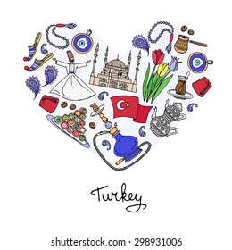 Stylized heart with hand drawn symbols of Turkey - flag, dancer, mosque, hookah, sweets, tea, coffee, tulips, beads. Vector for use in design