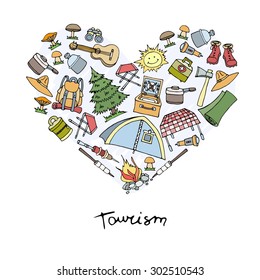 Stylized heart with hand drawn symbols of of tourism and camping. Illustration with necessary things in the hike. Vector for use in design