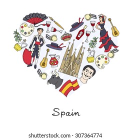 Stylized heart with hand drawn symbols of Spain. Vector for use in design
