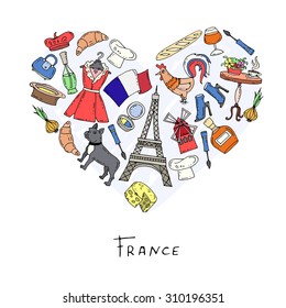 Stylized heart with hand drawn symbols of France -flag, Eiffel tower, fashion, croissant, baguette, French bulldog, cock, cheese, . Vector for use in design