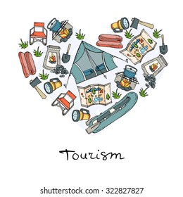 Stylized heart with hand drawn symbols of tourism and camping -  tent, boat, fire, ax, shovel, map, flashlight, sleeping bag. Vector for use in design