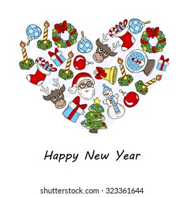 Stylized heart with hand drawn symbols of Happy New Year and Christmas - Santa Claus, reindeer, gift, Christmas tree, snowman, bell, candle. Vector for use in design