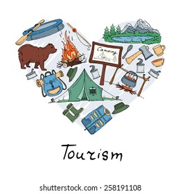 Stylized heart with hand drawn tourism and camping symbols on white background. Vector for use in design