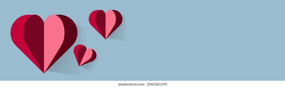 A stylized heart icon, evenly divided into dark red and pink sections, with a long shadow for a modern 3D effect. A Red paper hearts on blue background, Valentine concept