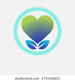 A stylized heart icon with a gradient of green to blue, adorned with two blue leaves at its base, enclosed within a soft, luminous cyan circle representing wellness and organic growth