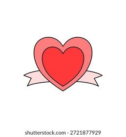 Ilustración estilizada del corazón. Corazón rojo anidado en un corazón rosa más claro, enmarcado por una cinta de color rosa pálido. Diseño limpio y simple sobre un fondo blanco. 