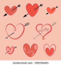 Stylized heart. Love symbol. Pastel shades. Heart pierced by cupid's arrow
