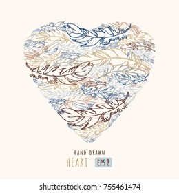 Stylized heart made of feathers. Isolated vector illustration. Hand drawn stylish sketch