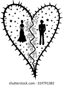 Stylized heart with man and woman silhouettes, vector illustration.