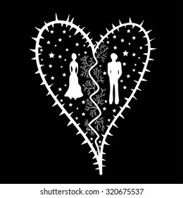 Stylized heart with man and woman silhouettes, vector illustration.