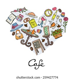 Stylized heart on the theme of cafe with hand drawn symbols of cafe and decorative elements on white background. Vector for use in design