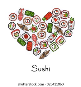 Stylized heart on the theme of Japanese food. Illustration with hand drawn sushi and rolls. Vector for use in design