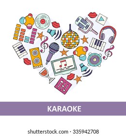 Stylized heart on the theme of karaoke and music. Illustration with microphones, headphones, speakers, etc. Vector for use in design