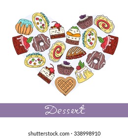 Stylized heart on the theme of sweet desserts. Hand drawn illustration with symbols of confectionery. Vector for use in design