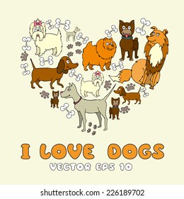 Stylized heart with painted and cartoon funny dogs. Vector for use in design