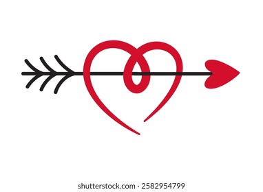 Stylized heart pierced by arrow doodle flat style love isolated icon symbol of love, great for Valentines Day cards. Vector illustration