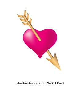 Stylized heart pierced by golden Cupid's arrow in Valentine's Day. Vector illustration EPS10