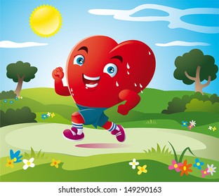 a stylized heart runs happily in the green fields