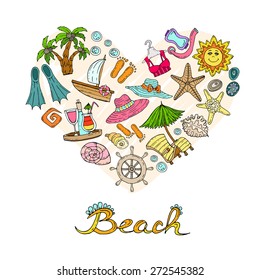 Stylized heart with sea and beach symbols on white background. Vector for use in design