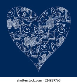 Stylized heart with sea fish, sea shells and other objects. Vector illustration.