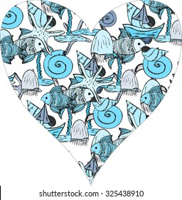 Stylized heart with sea shells, fish and other objects. Vector illustration.