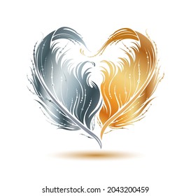 Stylized heart shape by golden and silver bird feather. Ornate vector art for emblem, icon, greeting card, love concept, beauty, fashion decoration. Design element isolated on white background