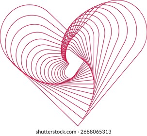 A stylized heart shape created by numerous thin red lines that curve and overlap, forming a dynamic, layered effect.